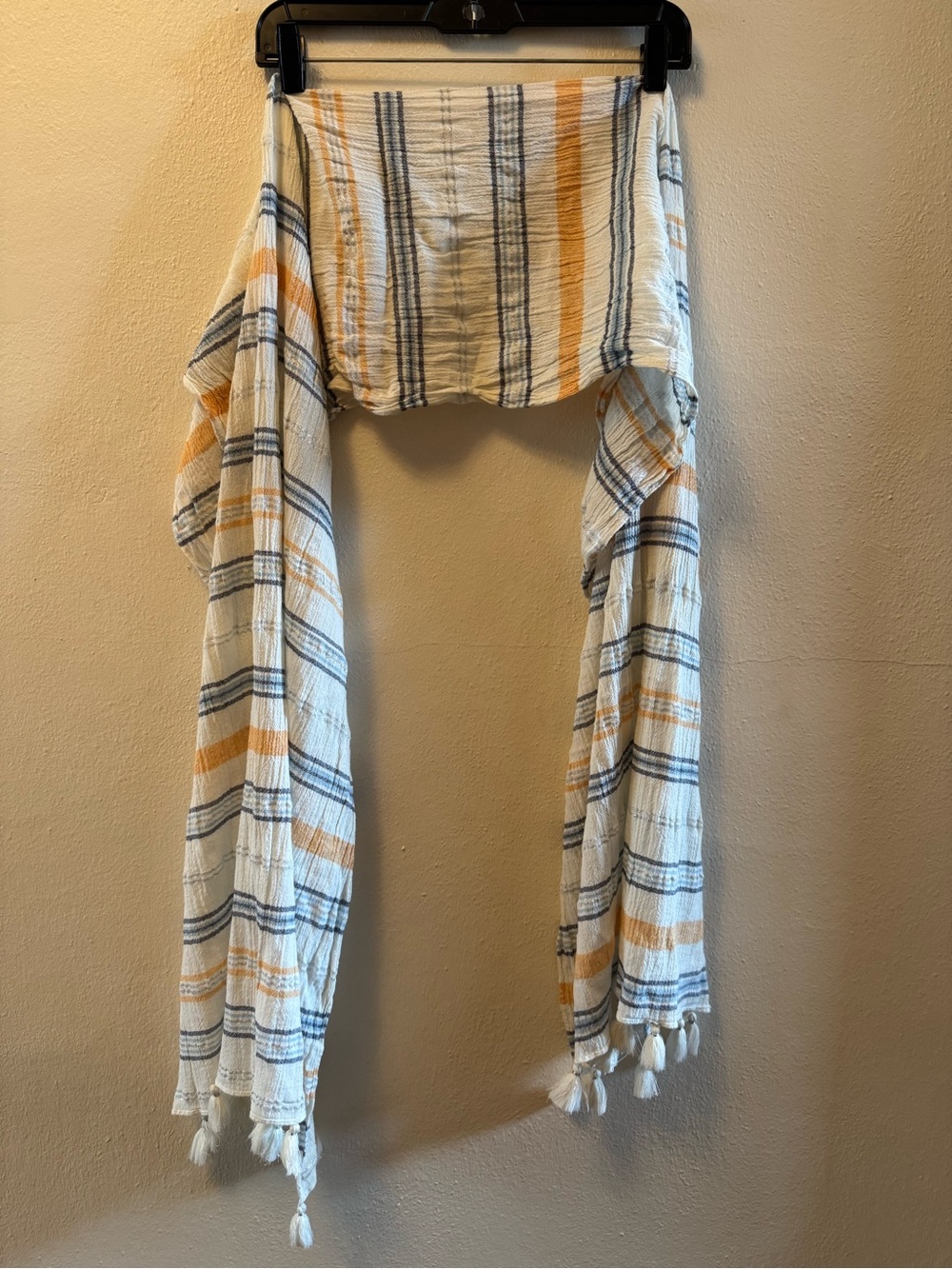 Aerie Striped Lightweight Scarf Gauze Crinkle Fringe Tassel Boho Coastal Wrap